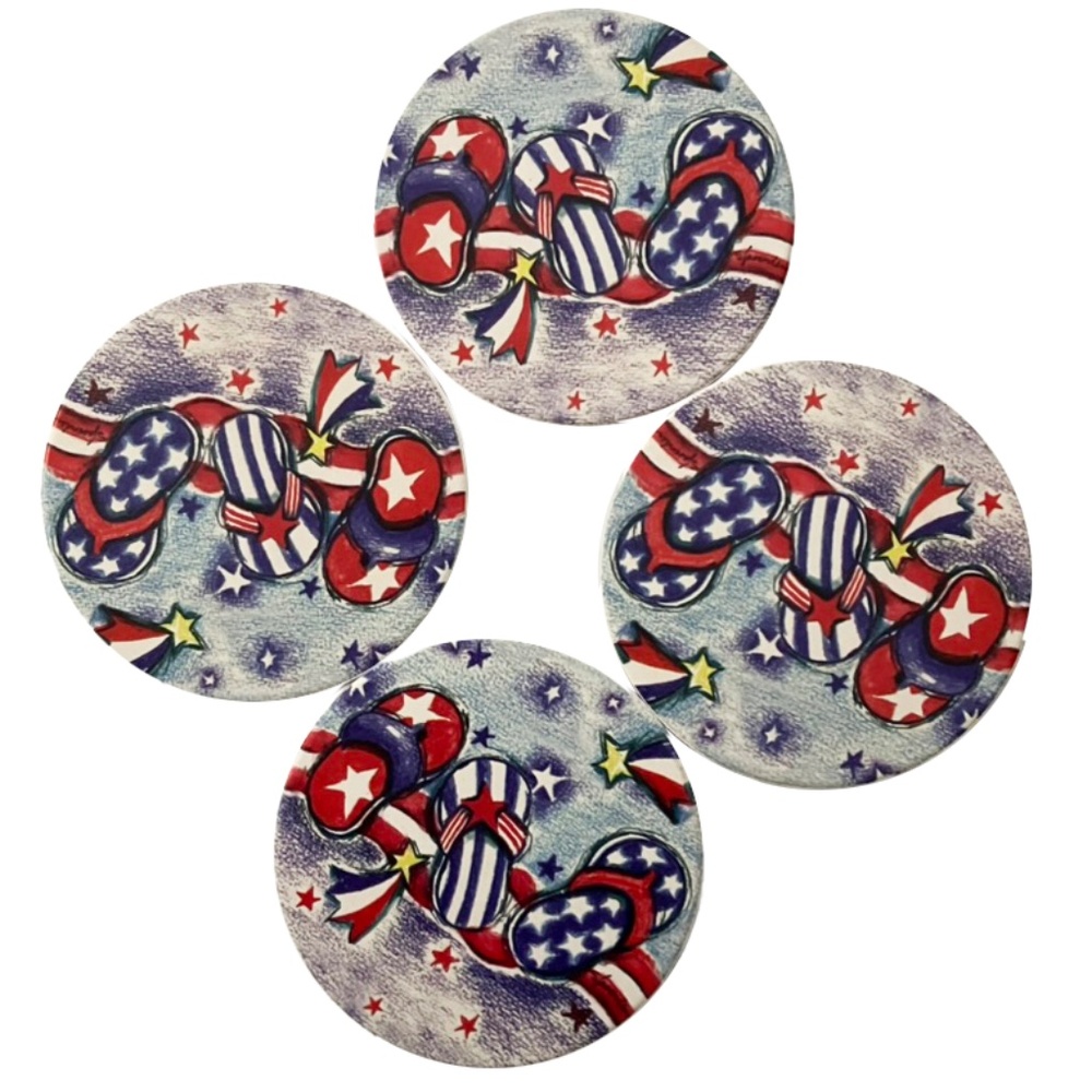 Set of Four decorative Absorbent Coasters Americana Flip Flops s/4 NEW Beach